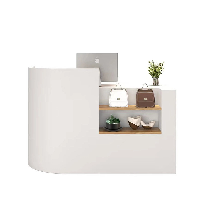 Modern white curved reception desk with integrated wooden display shelves for retail and office - MEI YI