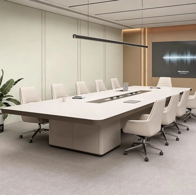Modern conference room with a large white table and cream leather chairs. - MEI YI