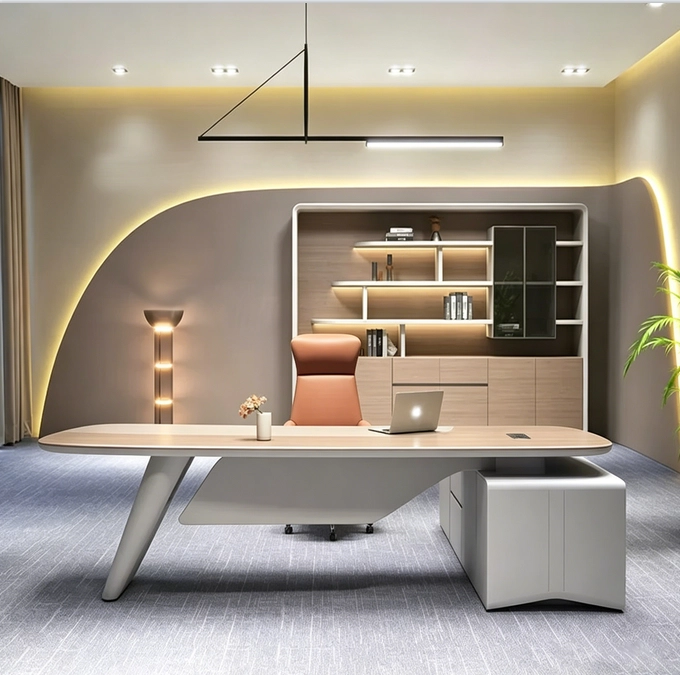 Escritorio ejecutivo moderno con tablero de madera curvado y armario lateral integrado en un entorno de oficina de lujo - MEI YI