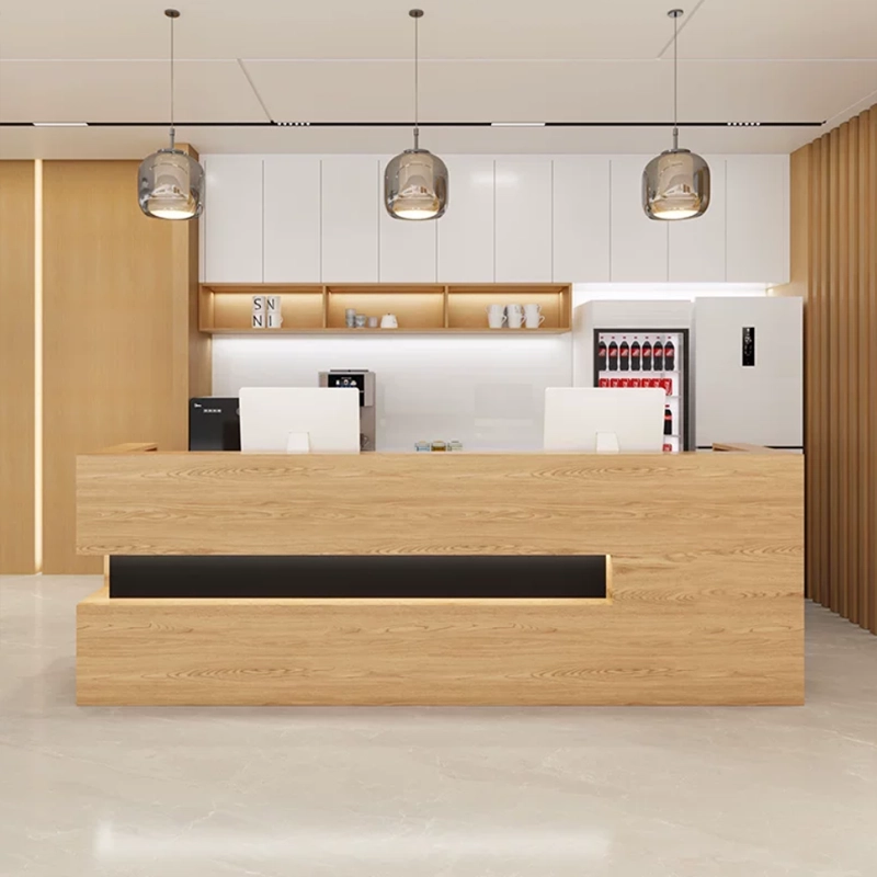 Mostrador de recepción comercial moderno con acabado de madera e iluminación LED para vestíbulos de oficinas - MEI YI