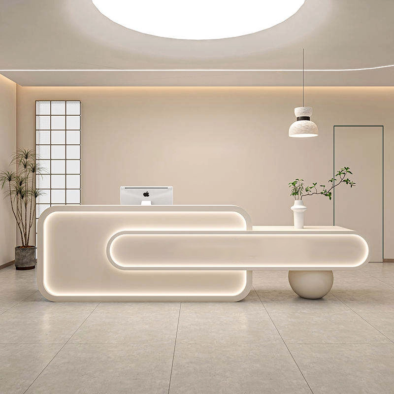 Mostrador de recepción LED curvo de color beige moderno con diseño ovalado en capas para vestíbulo y salón corporativo - MEI YI