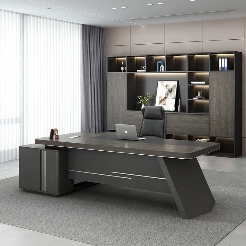 Conjunto de escritorio ejecutivo moderno de lujo en madera oscura con credenza lateral y armario de pared para la oficina del CEO - MEI YI