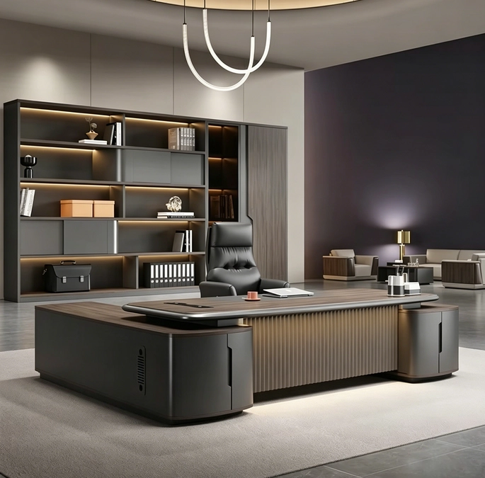 Modern luxury L-shaped executive office desk with LED ambient lighting and matching credenza storage cabinet for CEO suite - MEI YI