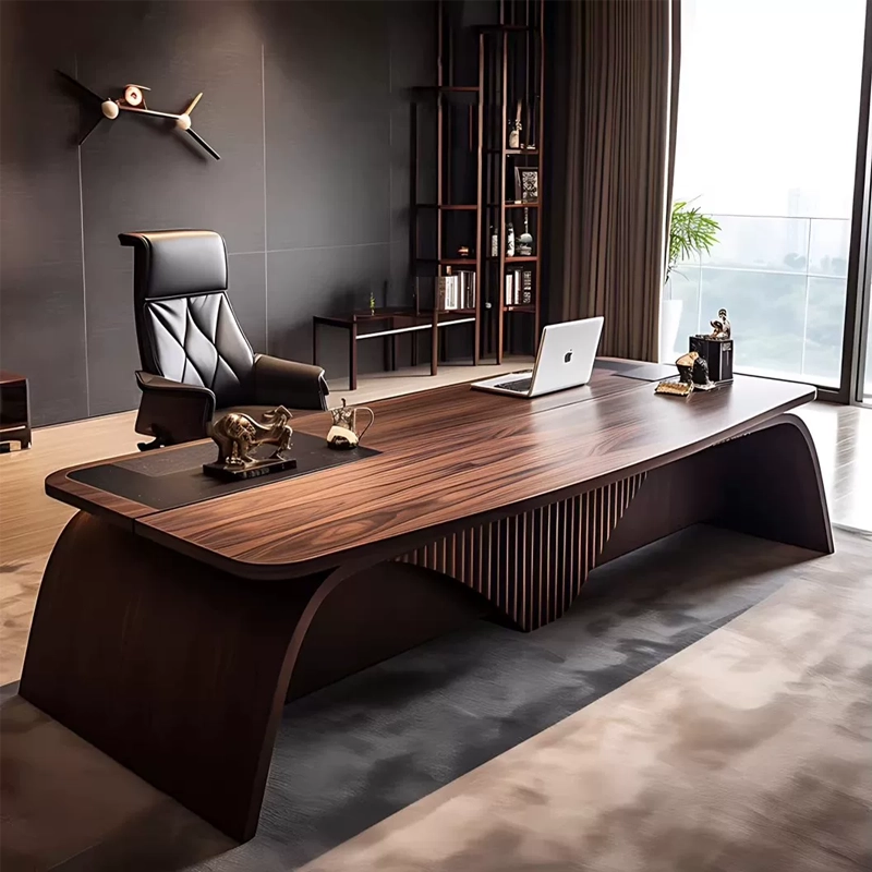 Modern executive manager desk featuring dark walnut grain top, curved arch legs, embedded leather writing pad, and vertical fluted central modesty panel - MEI YI