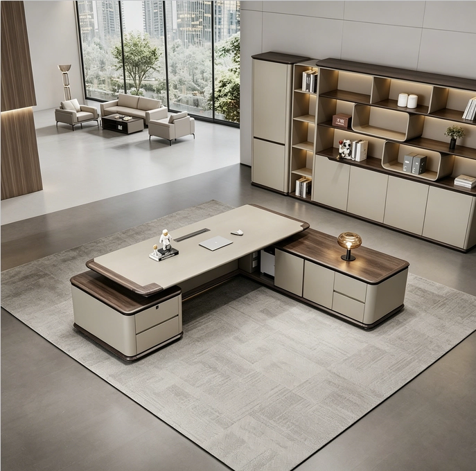 Modern luxury L-shaped executive desk with beige leather top, dark 
walnut trim, and multi-functional side storage cabinet in executive office - MEI YI