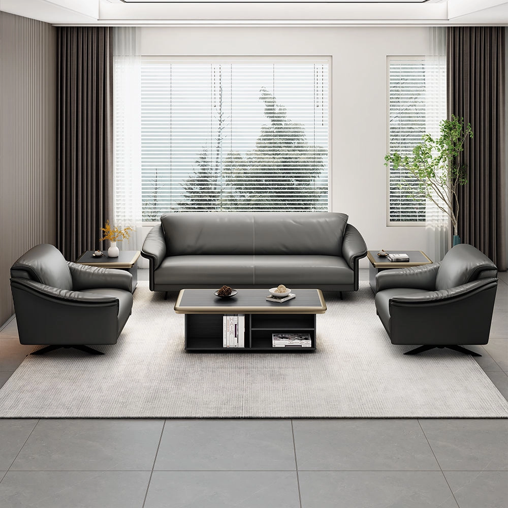 Symmetrical front view of modern executive leather sofa set including 3-seater couch, two swivel armchairs, and matching coffee tables in office reception area - MEI YI