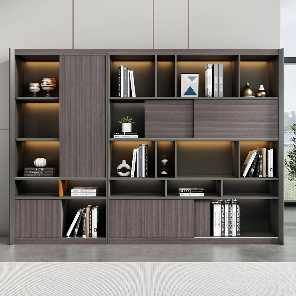 Modern commercial executive storage combines dual-section wall filing system with ambient LED backlight and smooth sliding doors - MEI YI
