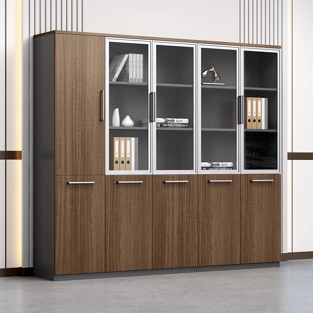 Modern executive filing cabinet with aluminum frame glass doors and dark wood finish - MEI YI