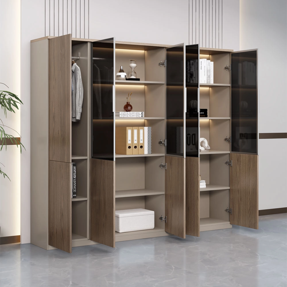 Modern executive wooden office filing cabinet with glass doors, built-in LED lighting, and internal wardrobe closet for director room - MEI YI