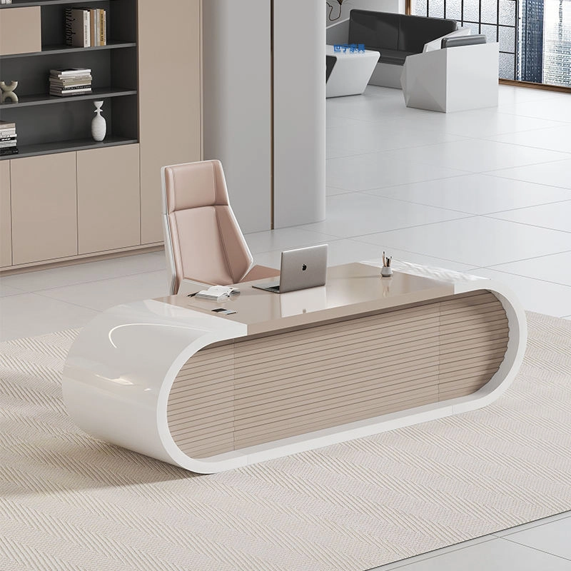 Modern luxury curved executive desk with fluted modesty panel and high-gloss capsule frame for CEO office furniture projects - MEI YI