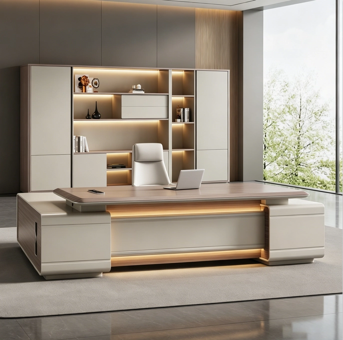 Commercial grade L-shaped executive office desk with side cabinet and background bookshelf for corporate headquarters turnkey projects - MEI YI