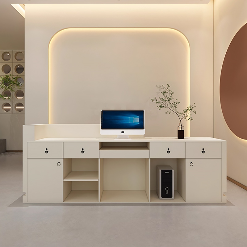The Efficient Welcome | Streamlined Modern Reception Desk with integrated cable management & storage. Empowers a professional client experience