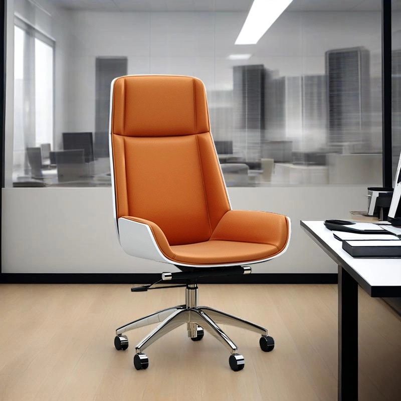 Fluorescent orange Curved Leather Executive Chair with Aluminum Frame - MEI YI