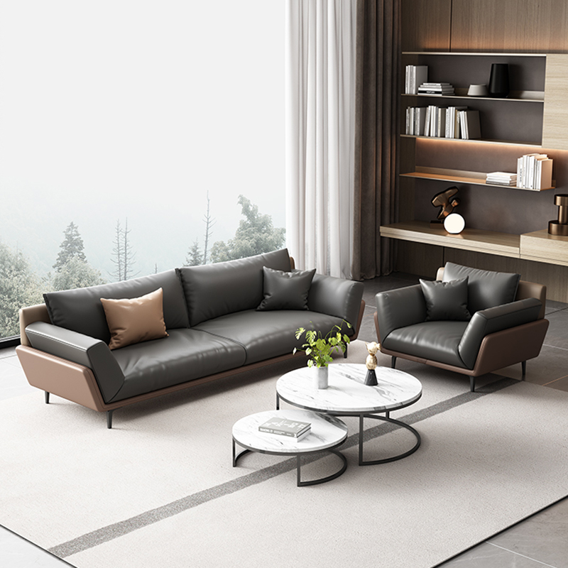 533 (10) Modern Leather Sofa Set with Accent Chairs & Coffee Table – Sleek Grey & Brown Living Room Furniture for Contemporary Spaces