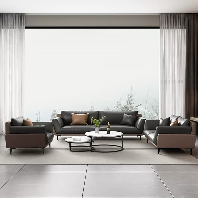 533 (8) Modern Leather Sofa Set with Accent Chairs & Coffee Table – Sleek Grey & Brown Living Room Furniture for Contemporary Spaces