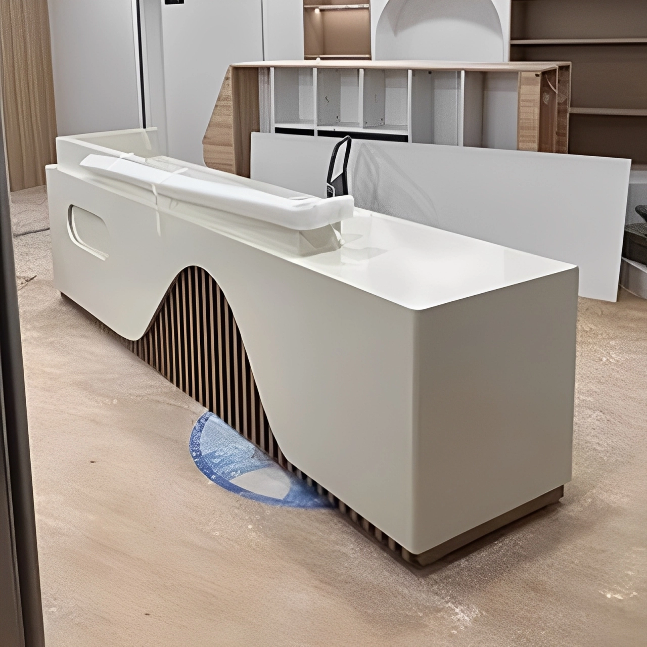 مكتب استقبال عصري مع نقش شعار وخدمات تصميم شخصية. خطوط أنيقة وتشطيبات راقية تُضفي لمسةً مميزةً على مساحتك - مي يي