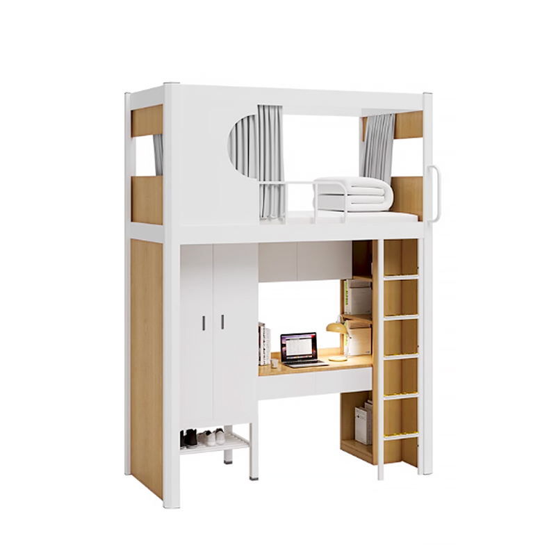 Educational Institution Loft Bed for Dorms: Space-Saving Metal Frame with Desk, Bookcase & Cupboard