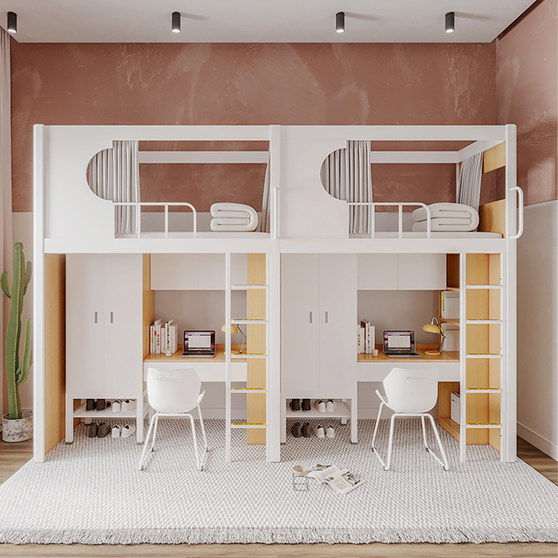 Educational Institution Loft Bed for Dorms: Space-Saving Metal Frame with Desk, Bookcase & Cupboard