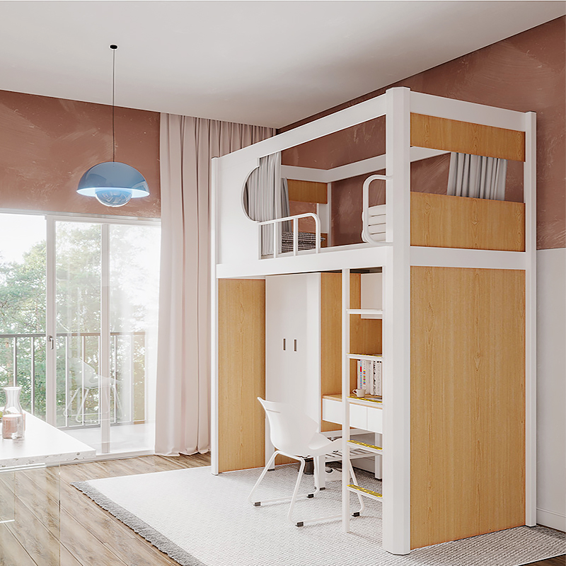 Educational Institution Loft Bed for Dorms: Space-Saving Metal Frame with Desk, Bookcase & Cupboard