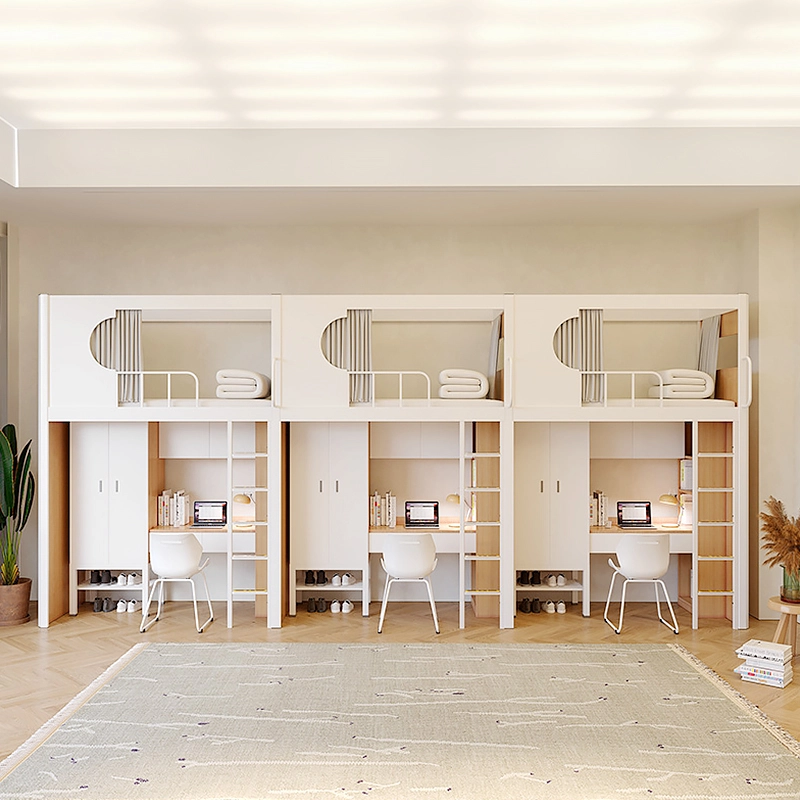 Litera alta para residencias estudiantiles: Estructura metálica que ahorra espacio con escritorio, estantería y armario - MEI YI