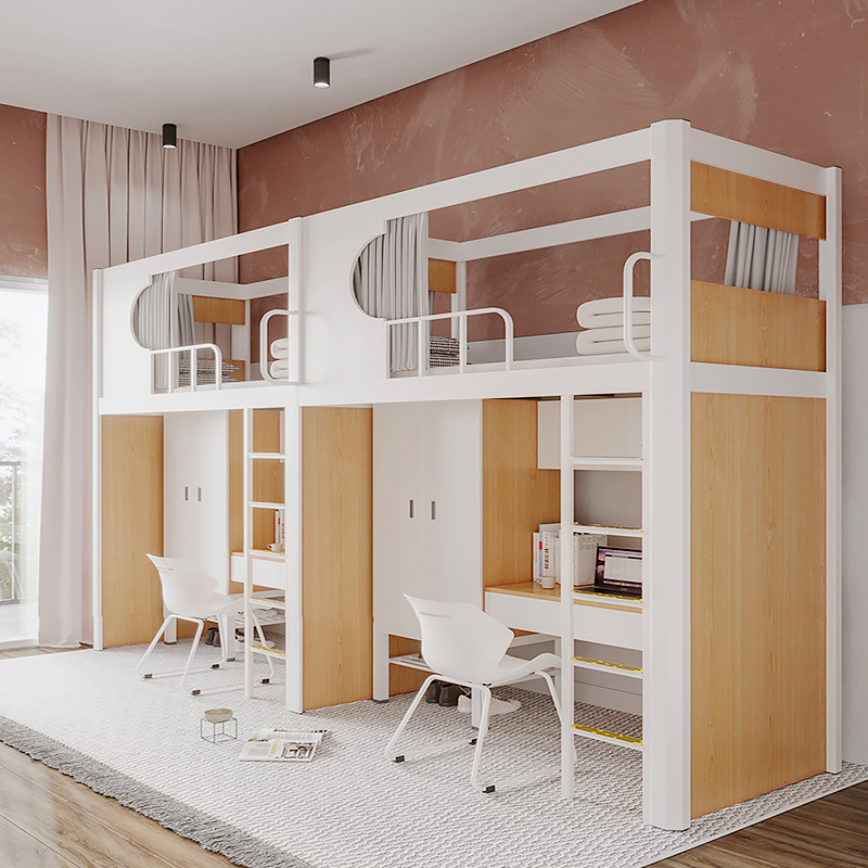 Educational Institution Loft Bed for Dorms: Space-Saving Metal Frame with Desk, Bookcase & Cupboard