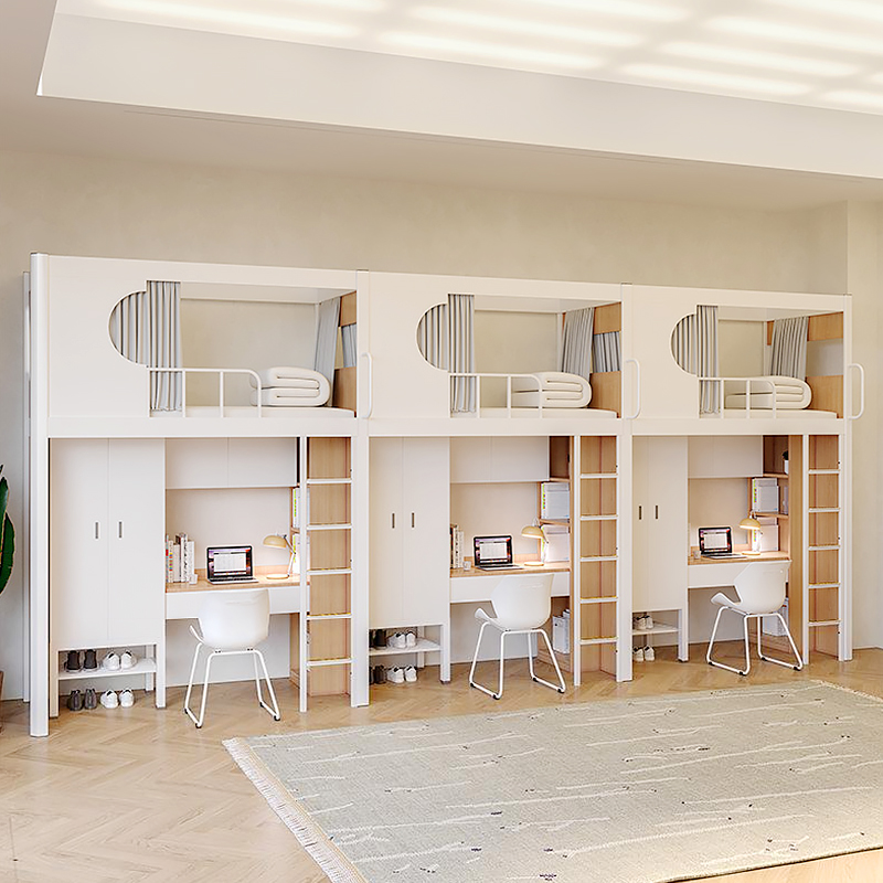 Educational Institution Loft Bed for Dorms: Space-Saving Metal Frame with Desk, Bookcase & Cupboard