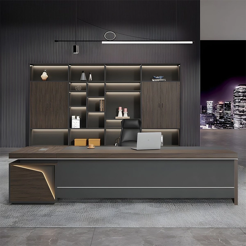 L Shaped Wooden Executive Desk With Bookcase Luxury Texture For Boss Office OEM Manufacturer MEIYI - MEI YI