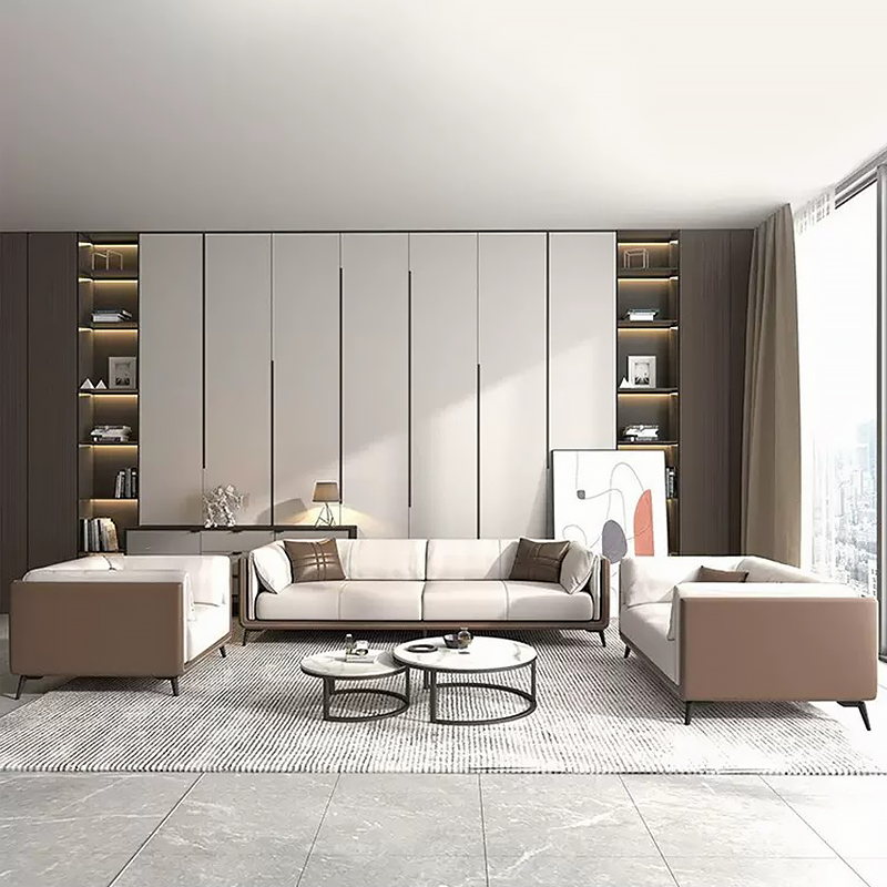 Nordic-Style 3-Seat Sofa & Coffee Table Combo – Leather Sofa Chair Set with Footstool for Living Room, Parlor & Office Negotiation Spaces