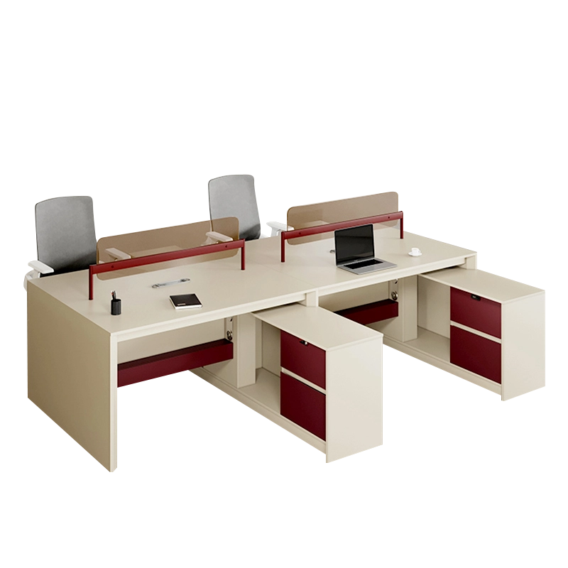 Modern Office Desk Manufacturer, Two-Tone Workstation with Red Metal Frame and Storage, ODM Solutions – MEI YI Furniture - MEI YI