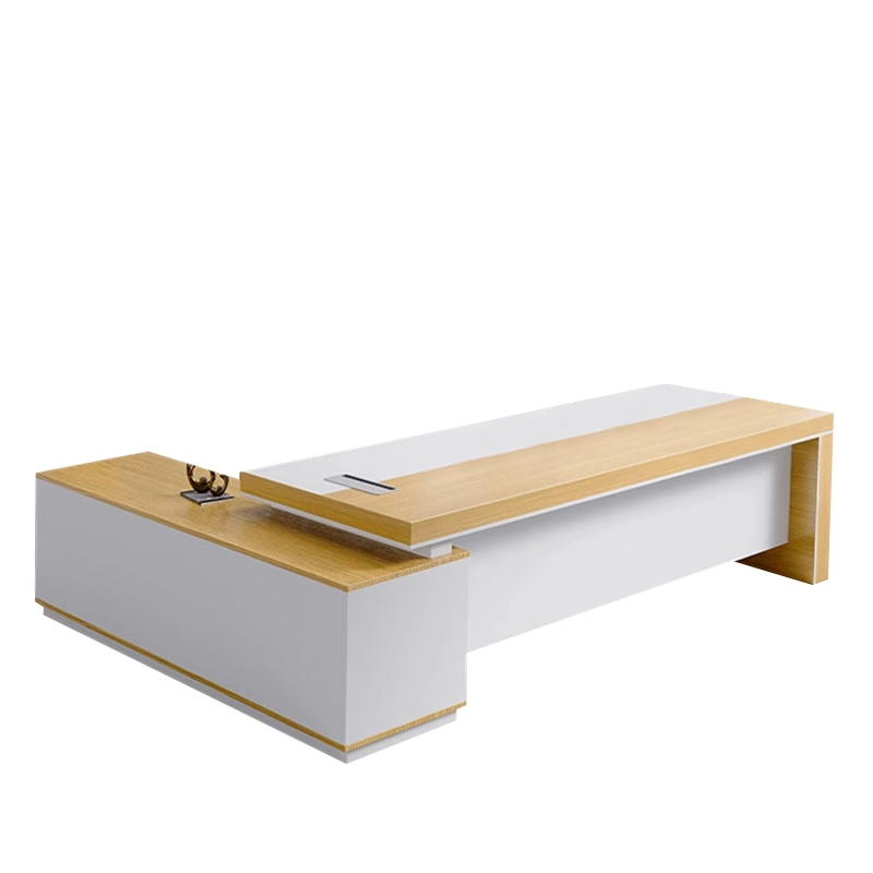 Manager Desk Set, Light Wood Executive Workstation with Side Cabinet and Open Storage Shelf, ODM Supplier – MEI YI Furniture - MEI YI