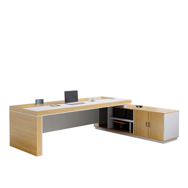 Executive Workstation Manufacturer, Prestige Desk with Light Wood Top, Side Cabinet, and Integrated Open Shelf, ODM Projects – MEI YI Furniture - MEI YI