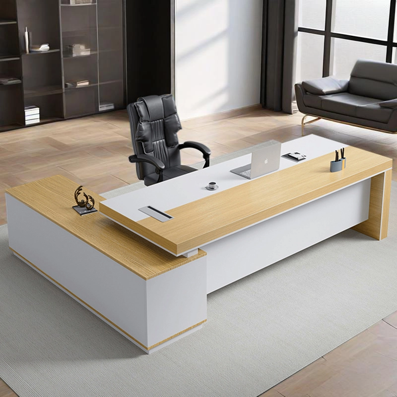 Corporate Office Furniture, Light Wood Executive Desk with Side Cabinet and Open Shelving for Dynamic Workspaces, Direct ODM Supply – MEI YI Furniture - MEI YI