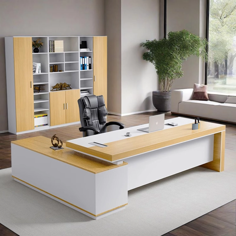 Commercial Office Furniture, Prestige Executive Desk with Warm Light Wood Top and Side Cabinet Storage, ODM Factory – MEI YI Furniture - MEI YI