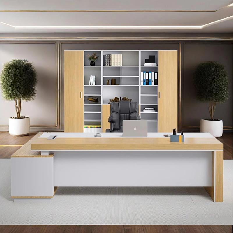 Office Furniture Manufacturer, Executive Desk with Light Wood Surface, Integrated Side Cabinet, and Open Shelving, ODM Solutions – MEI YI Furniture - MEI YI