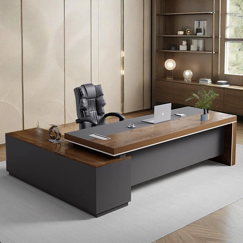 Professional Desk Manufacturer, Executive Manager Desk with Light Wood Surface, Side Cabinet, and Open Shelving, ODM Wholesale – MEI YI Furniture - MEI YI