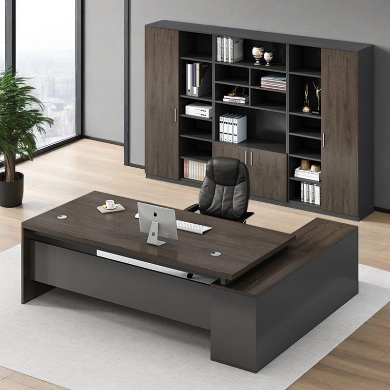 Executive Manager Desk Set, Deep Gray Cabinet with Matching Locking File Storage, ODM Manufacturer – MEI YI Furniture - MEI YI