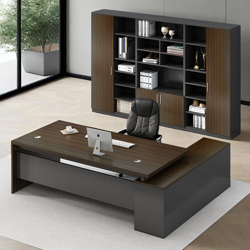 Office Desk Manufacturer, Deep Gray Executive Manager Desk with Coordinating File Cabinet and Understated Elegance, ODM Supplier – MEI YI Furniture - MEI YI