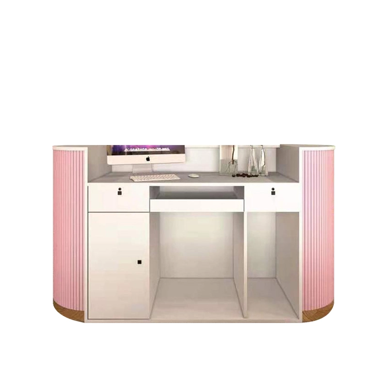 Office Furniture Manufacturer, Curved Reception Desk with Vertical Grooves, Integrated LED Lighting, and Custom Finishes, ODM Solutions – MEI YI Furniture - MEI YI