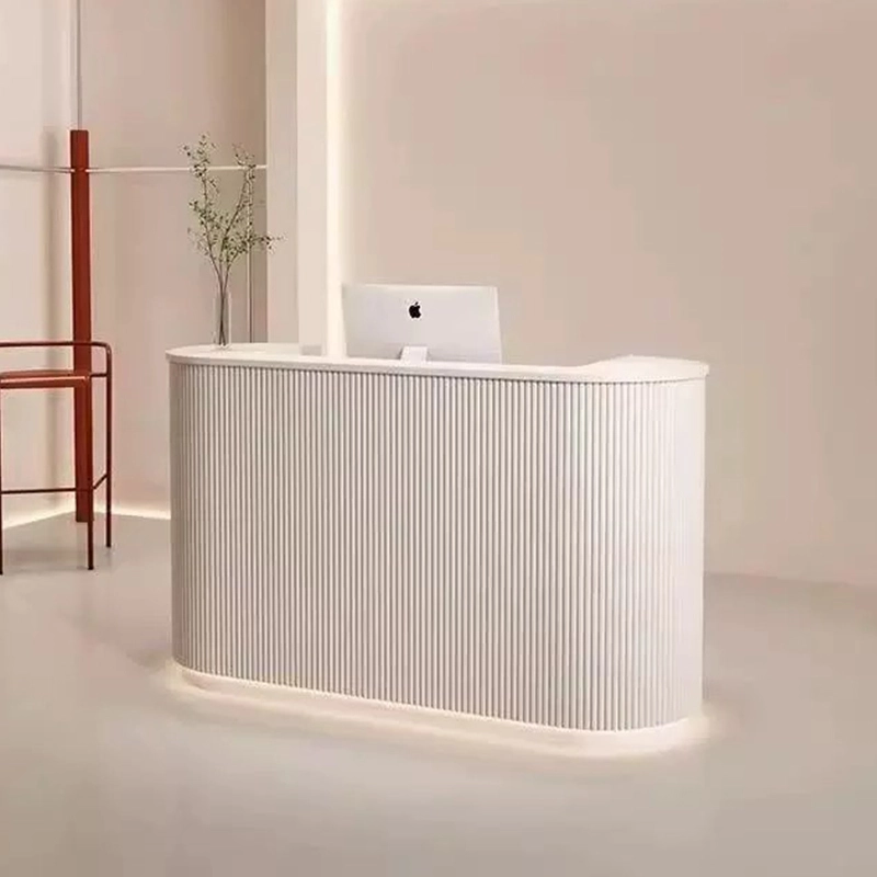 Modern Reception Desk, Curved Design with Vertical Texture, LED Ambient Lighting, and Customizable Colors, ODM Supplier – MEI YI Furniture - MEI YI