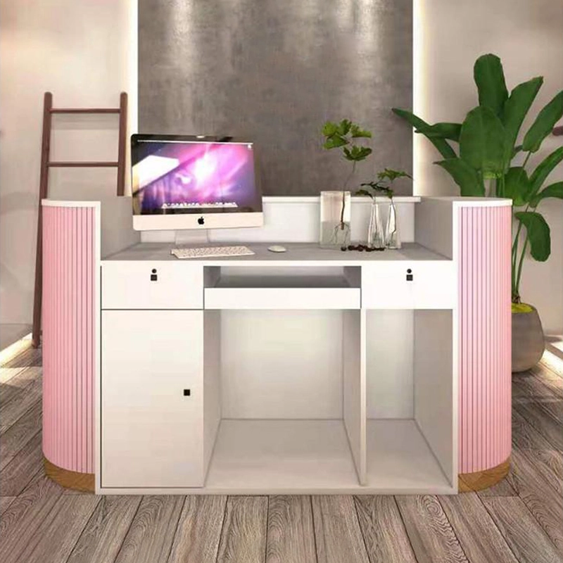 Corporate Reception Desk, Curved Workstation with Vertical Grooves, LED Accent, and Custom Color Finishes, ODM Wholesale – MEI YI Furniture - MEI YI