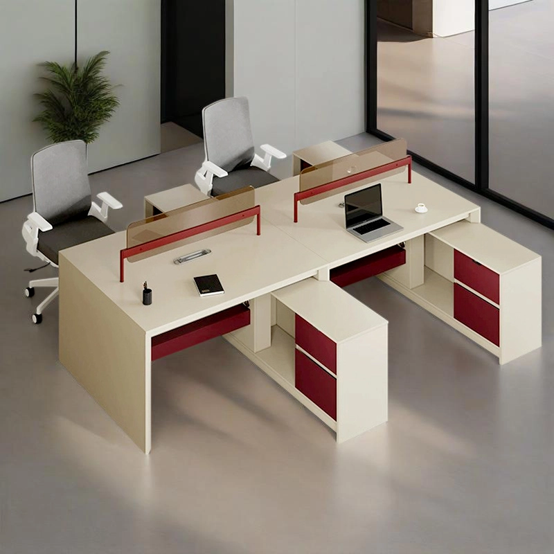 Open Office Desk Manufacturer, DuoColor Workstation with Red Metal Accent and Built-in Storage, ODM Manufacturing – MEI YI Furniture - MEI YI