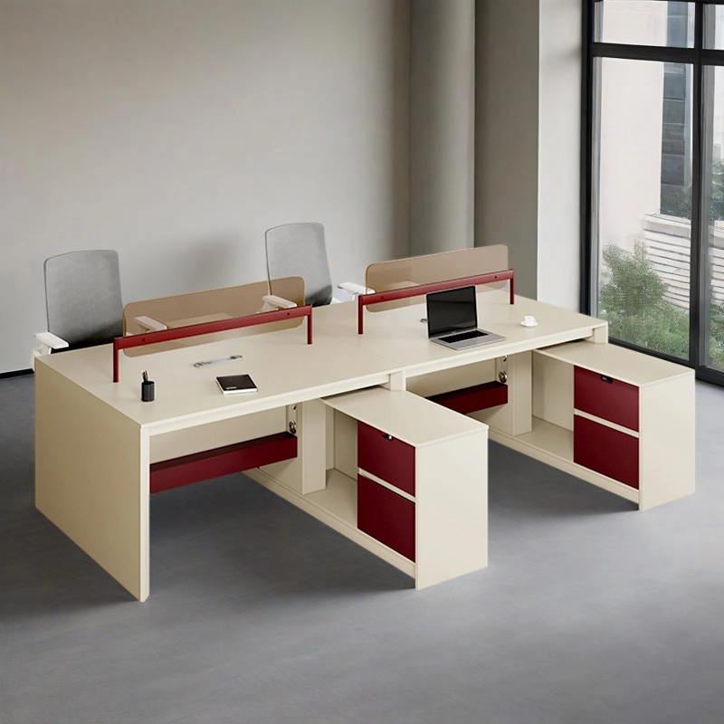 Commercial Office Desk Manufacturer, Two-Tone Workstation with Red Metal Frame and Storage, ODM Factory – MEI YI Furniture - MEI YI