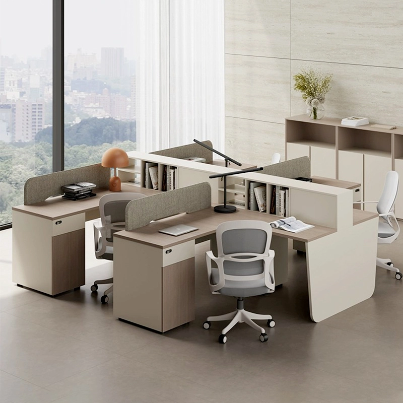 Modern Minimalist 4-Person L-Shaped Workstation with Partition Shelves for Open Offices, OEM Manufacturer – MEI YI Furniture - MEI YI