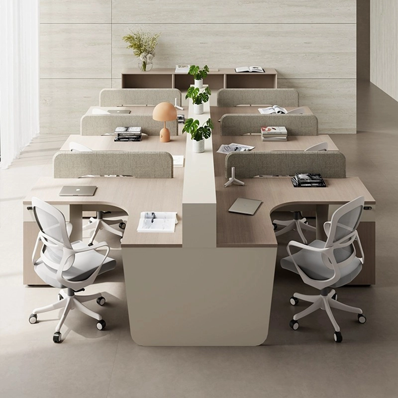 Modular 4-Person Office Workstation with L-Shaped Layout and Storage Divider Shelves, Furniture Manufacturer – MEI YI Furniture - MEI YI