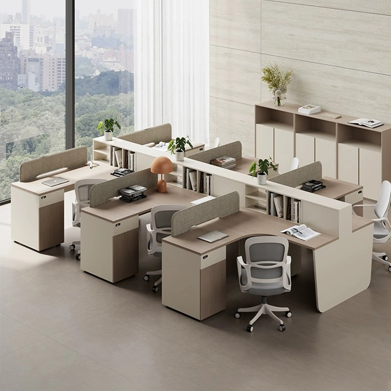 4-Seat L-Shaped Office Desk with Partition Storage Shelves for Team Workspaces, ODM Factory – MEI YI Furniture - MEI YI