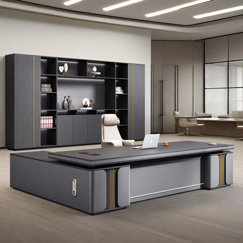 Light Luxury Dark Grey Executive Desk with Gold Accents and Storage Cabinets for CEO Offices, OEM Manufacturer – MEI YI Furniture - MEI YI