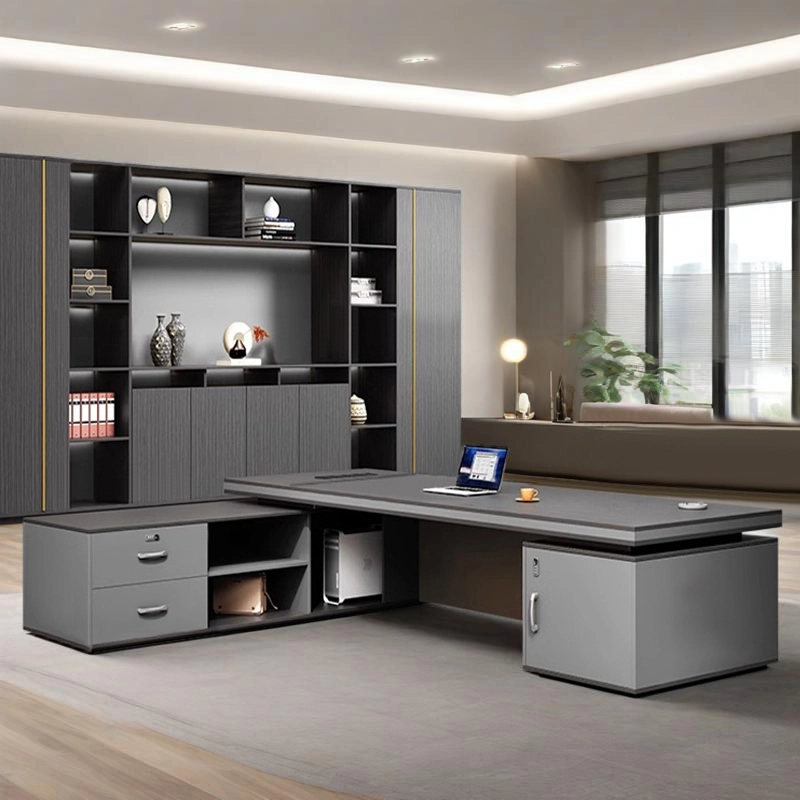 CEO Office Furniture, Dark Grey Executive Desk with Gold Accents and Storage Cabinets, Contract Furniture Factory – MEI YI Furniture - MEI YI