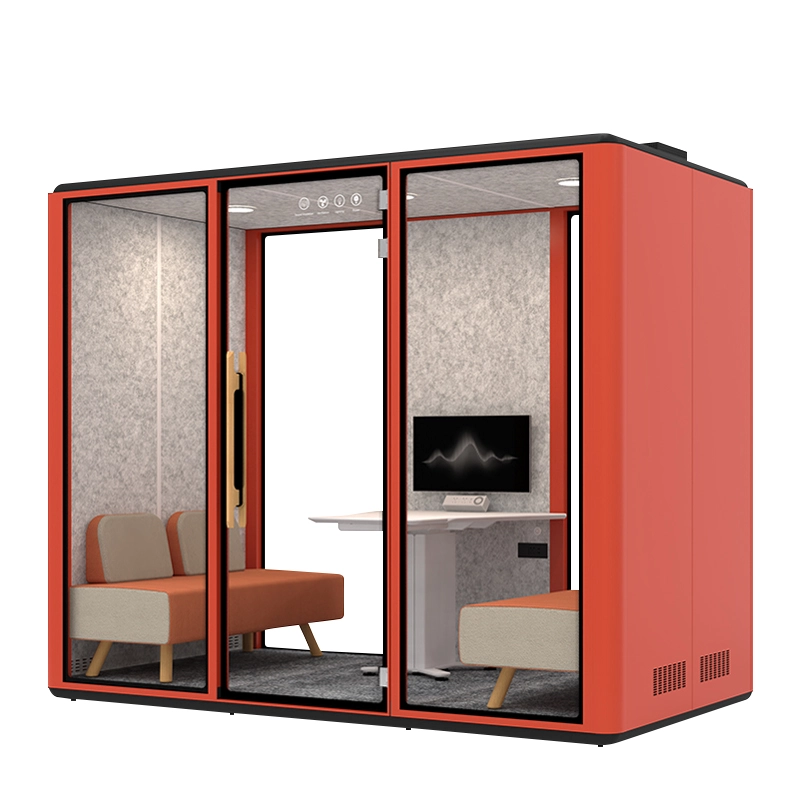 Red Soundproof Office Booth, Metal Frame Acoustic Pod with Integrated Furniture for Workspaces, ODM Factory – MEI YI Furniture - MEI YI