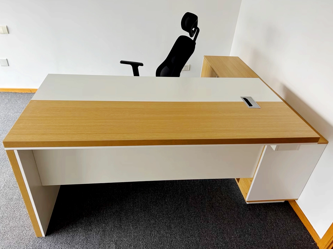Leadership Desk Set, Prestige Workstation with Light Wood Top, Integrated Side Cabinet, and Open Shelf, ODM Design – MEI YI Furniture - MEI YI