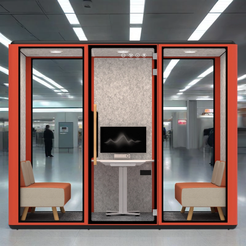 Commercial Office Privacy Booth, Red Frame Soundproof Work Pod with Interior Desk, OEM/ODM Supplier – MEI YI Furniture - MEI YI